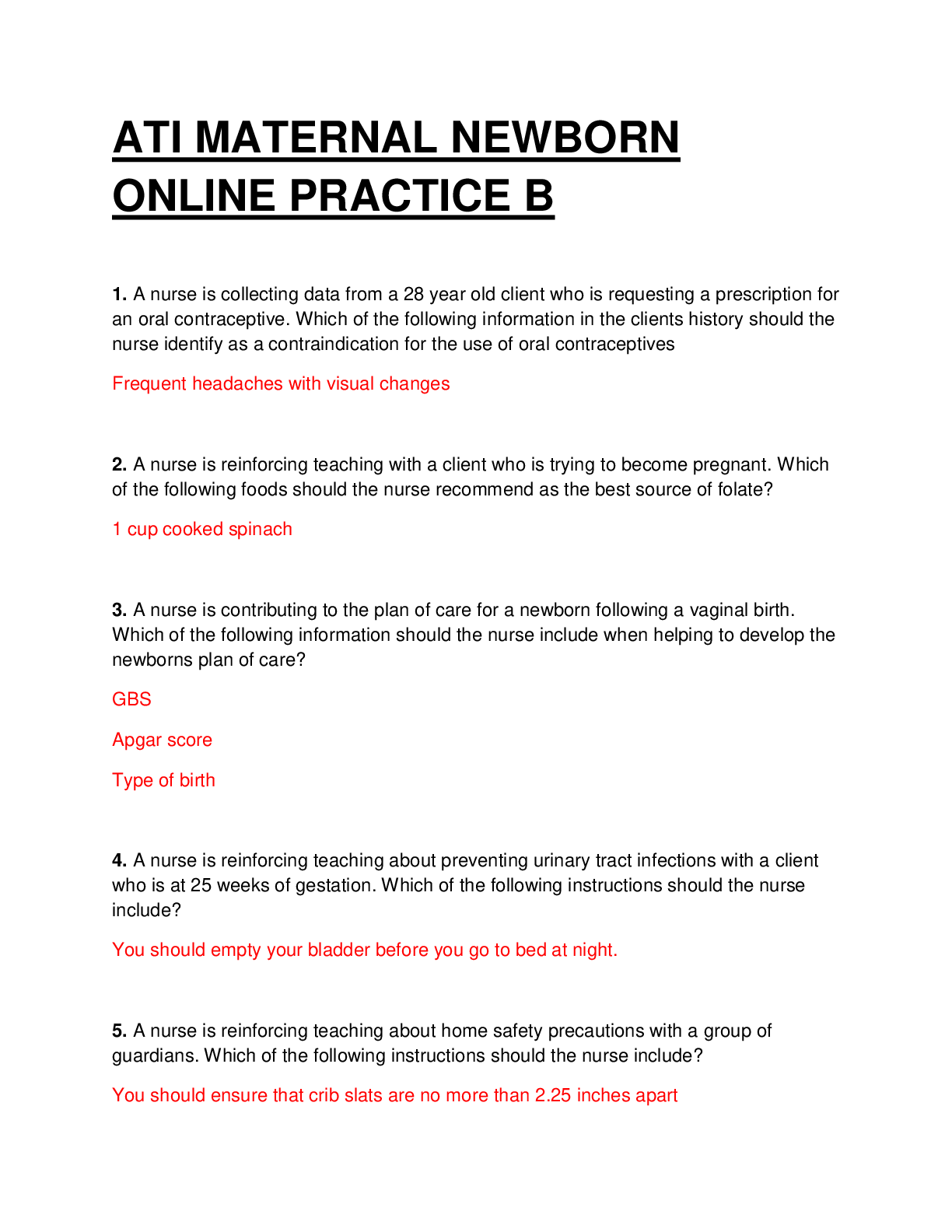 Preview image for ATI MATERNAL NEWBORN ONLINE PRACTICE B. QUESTIONS WITH 100% CORRECT ANSWERS.